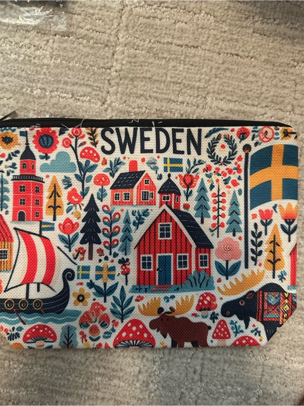 Sweden Print Cosmetic Pouch in Red, Blue and Yellow, New